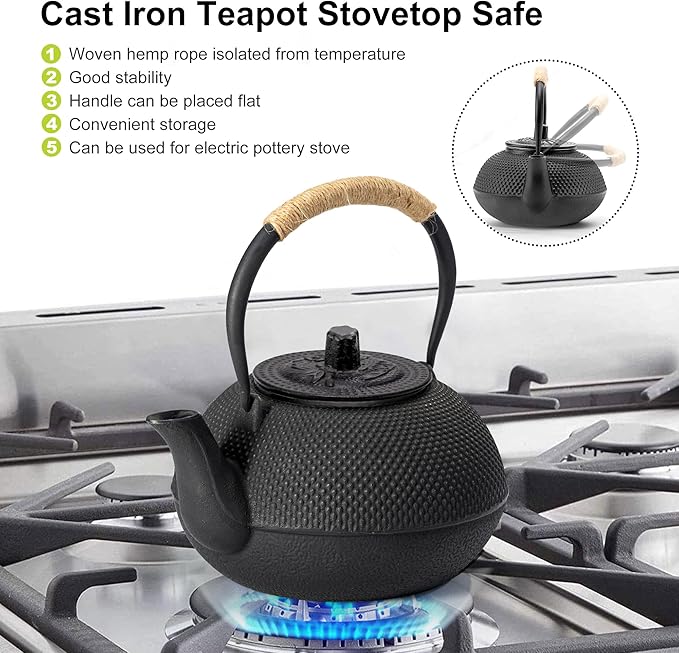 suyika Japanese Tetsubin Cast Iron Teapot Tea Kettle pot with Stainless Steel Infuser for Stovetop Safe Coated with Enameled Interior 30 oz/900 ml