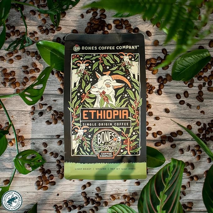 Bones Coffee Company Ethiopia Single-Origin, Citrus, Floral and Berries Notes, Ground Coffee Beans, Low Acid Light Roast Arabica Beans Flavored Coffee, 12 oz Ground