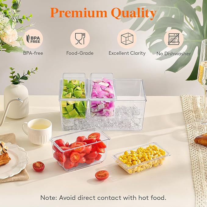 Lifewit Taco Bar Serving Set for Party with 3 Containers(2.5 Cup) & Components, Large Ice Chilled Condiment Caddy Organizer, Garnish Serving Tray Platter for Mimosa Bar Accessories, Fruit, Salad, Food