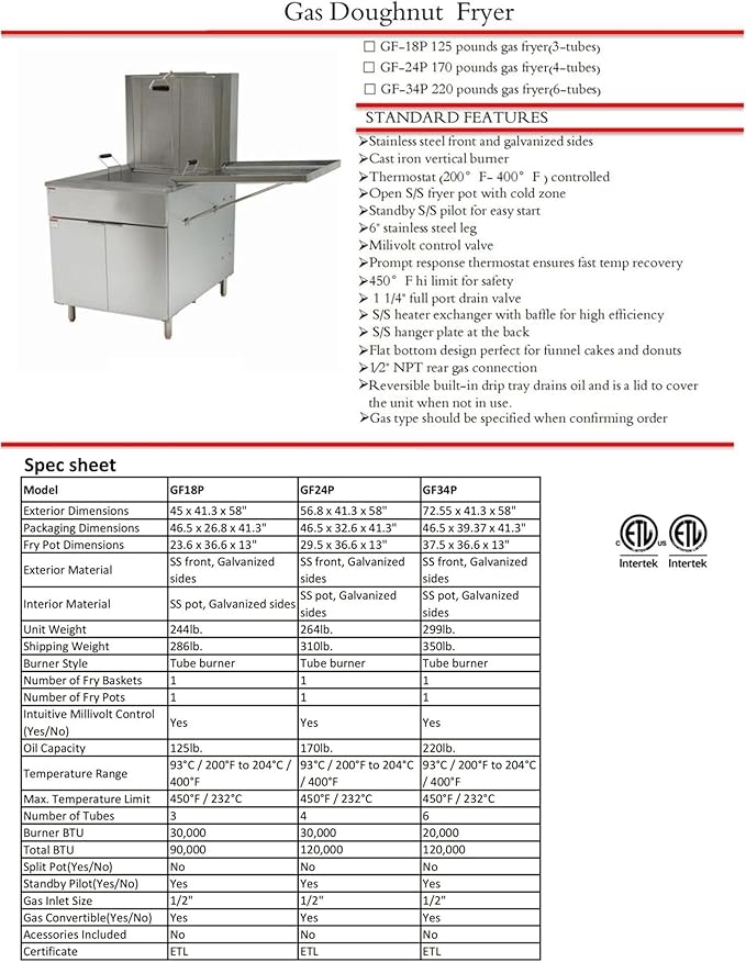 Commercial Gas Donut Fryer, 170lb Capacity, 4-Tube Burner, Stainless Steel, ETL Certified, 41.3 x 56.8 inch GF-24P