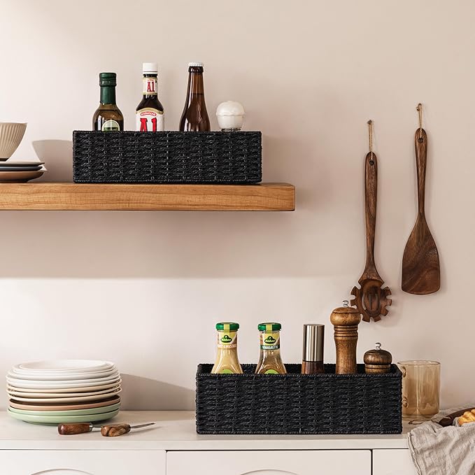 UBBCARE Toilet Tank Basket for Bathroom, Hand Woven Paper Wicker Basket for Organizing, Countertop Decorative Storage Basket with Handles, 2-Pack, Black