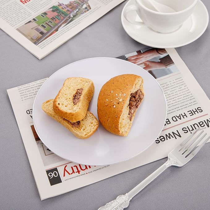 KIRE 100PCS Silver Plastic Plates - Heavy Duty White Disposable Plates with Silver Rim for Party/Wedding - Include 50Pcs 10.25inch Dinner Plates and 50Pcs 7.5inch Dessert Plates