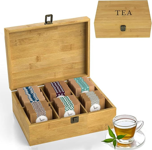 Tea Organizer Box Food Safe Chemical Free Bamboo Wood Storage Chest Big, Tall, Adjustable Cubbies (6-Slot 11" x 8.1" x 4.2" with TEA stamp design)