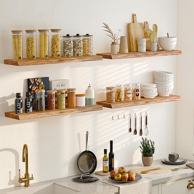 48 Inch Floating Shelves for Wall, Rustic Live Edge Elm Wood Shelf, Heavy-Duty Deep Floating Shelf for Home Decor, Wall Mounted Storage Shelves for Books, Bathroom, and Kitchen, Natural Finish