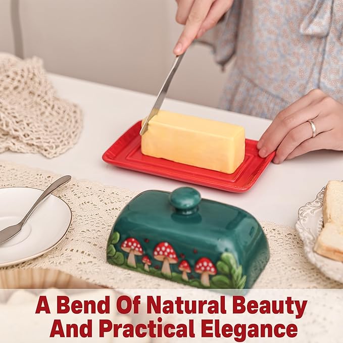 Fungi Fun Mushroom Butter Dish With Lid For Countertop Ceramic Butterdish, Red Mushroom Butter Container, Butter Tray Large Butter Dish Covered (Dark Green, Standard)