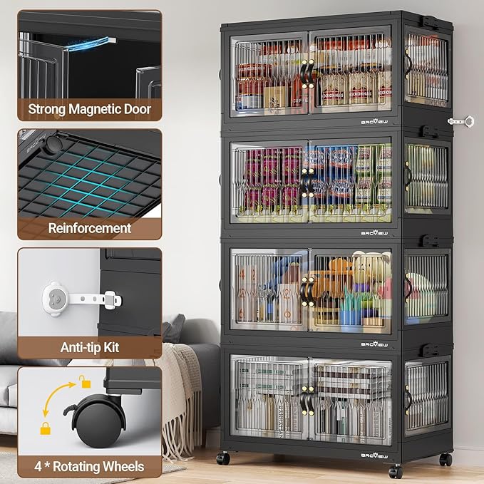 360QT Large Stackable Storage Bins with Lids, Plastic Closet Organizer and Storage Drawer, Collapsible Storage Box with Wheels, Folding Storage Cabinet with Doors for Home Kitchen, 3Pack Black