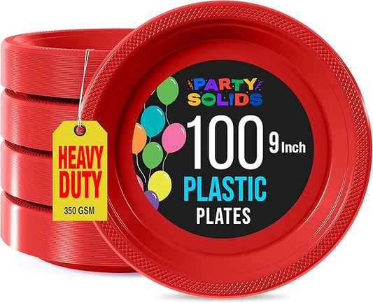Exquisite Party Solids Red Plastic Plates For Party 9" Red Disposable Plates Heavy Duty Supplies 100 Pcs Plastic Dinnerware Sets Heavy Duty 350 GSM Disposable Dinnerware Set