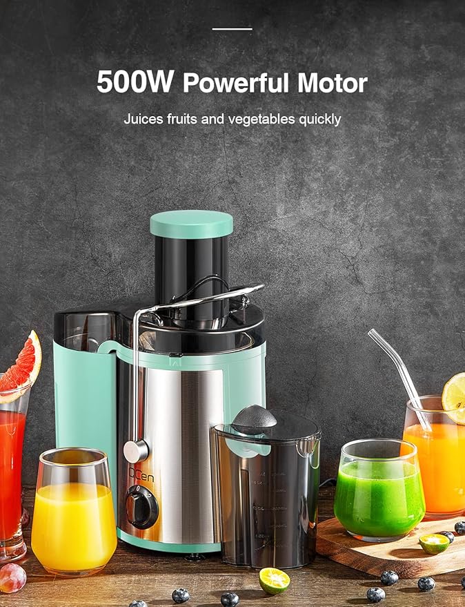 QCen Juicer Machine, 500W Centrifugal Juicer Extractor with Wide Mouth 3” Feed Chute for Fruit Vegetable, Easy to Clean, Stainless Steel, BPA-free (Aqua)