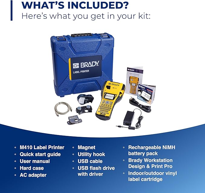 Brady M410 Handheld Portable Label Printer Kit with Safety and Facility ID Software, Carrying Case, Rechargeable Battery and Charger, Magnetic and Utility Holders, 11.5" H x 6" W x 3.5" H