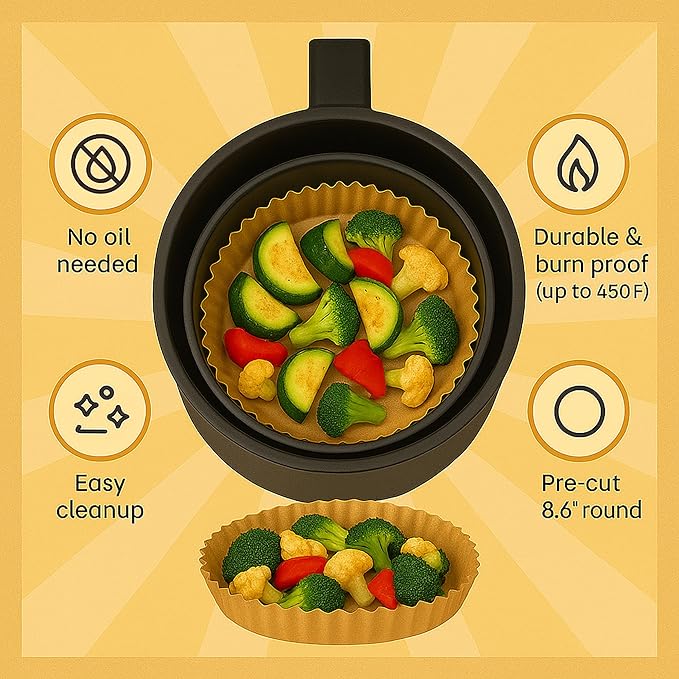 Mindful Design Air Fryer Paper Liners,125Pcs Parchment Paper, Air Fryer Disposable Liner for Microwave, Non-Stick Round Free of Bleach (8IN)