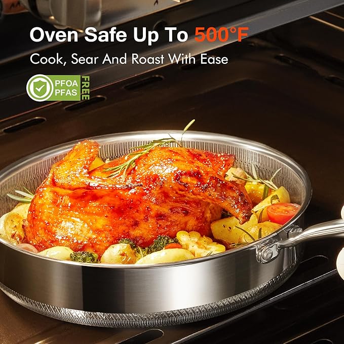 Saute Pan,Stainless Steel Frying Pan, 5.5 QT 12 inch Tri-play Non-stick Deep Frying Pan with Tempered Glass Lid, Stainless Steel Cookware,Stay-Cool Handles Induction,Dishwasher