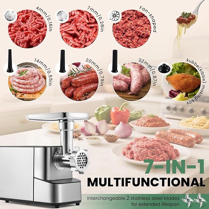 Huanyu Electric Meat Grinder 3200W Max Power, Built-in Storage, Heavy Duty, 2 Blades, 3 Plates, Sausage Tubes and Kubbe Kit #10 Outlet for Home Use