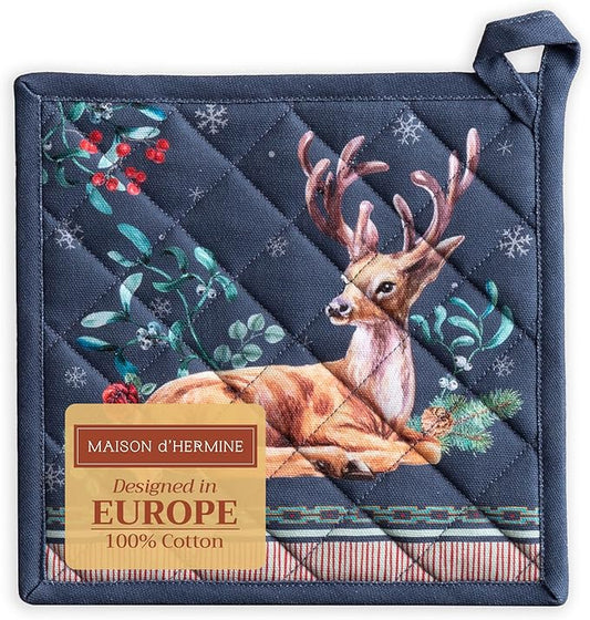 Maison d' Hermine Pot Holders 100% Cotton Heat Resistant Potholders 8" x 8" Hot Pads with Loop BBQ, Cooking, Baking, Grilling, Kitchen, Handling Hot Pans (Pack of 1, Christmas Joy)