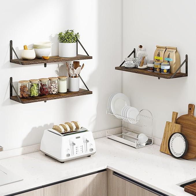 Heimlove 24 Inches Rustic Brown Floating Shelves,8 Inches Deep Wall Bookshelf Mounted Display&Storage Wood Wall Shelves for Kitchen Bathroom Laundry Living Room,Set of 3