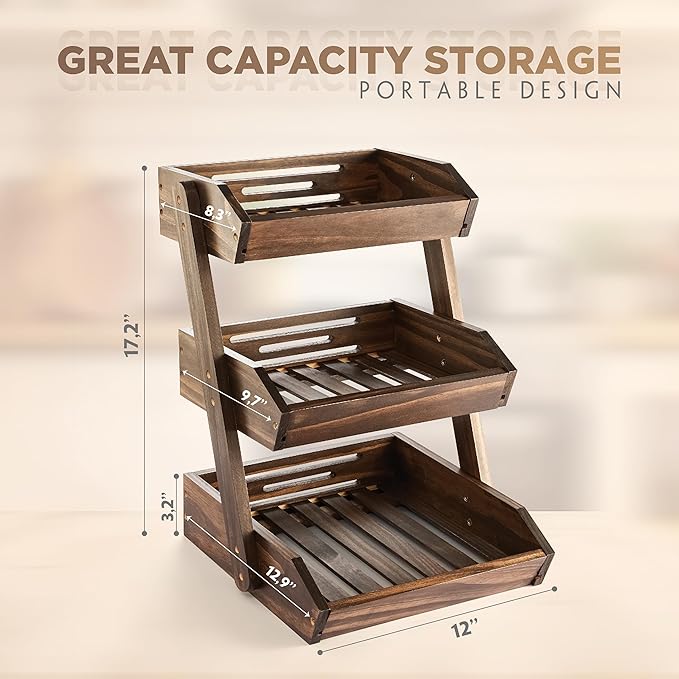 Fruit Basket, Fruit Bowl, 2 Tier Fruit Basket for Kitchen, Fruit Stand Storage Holder, Heavy Duty/Multipurpose/Large Capacity for Fruit, Vegetables, Bread Storage (Walnut, 3 Tier)