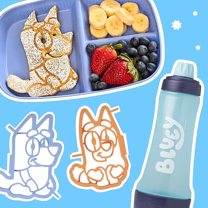 Whiskware Bluey Pancake Art Kit, 1 Batter Bottle, 2 Silicone Bluey and Bingo Pancake Molds, and 1 BlenderBall Wire Whisk, Durable, No-Mess Breakfast, BPA Free, Dishwasher Safe