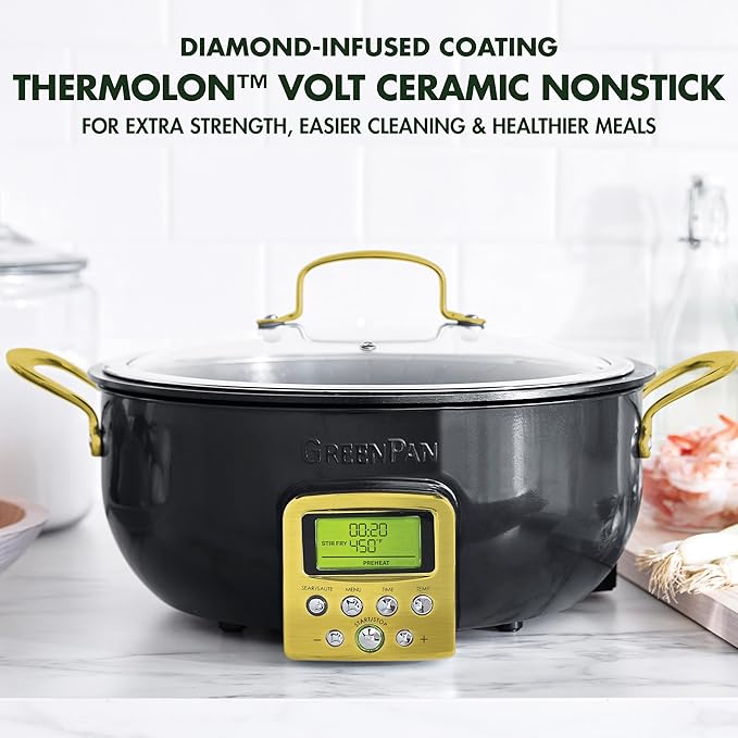 GreenPan Elite Essential Smart Electric 6QT Skillet Pot, Presets to Sear Saute Stir-Fry and Cook Rice, Healthy Ceramic Nonstick and Dishwasher Safe Parts, Easy-to-use LED Display, Gold