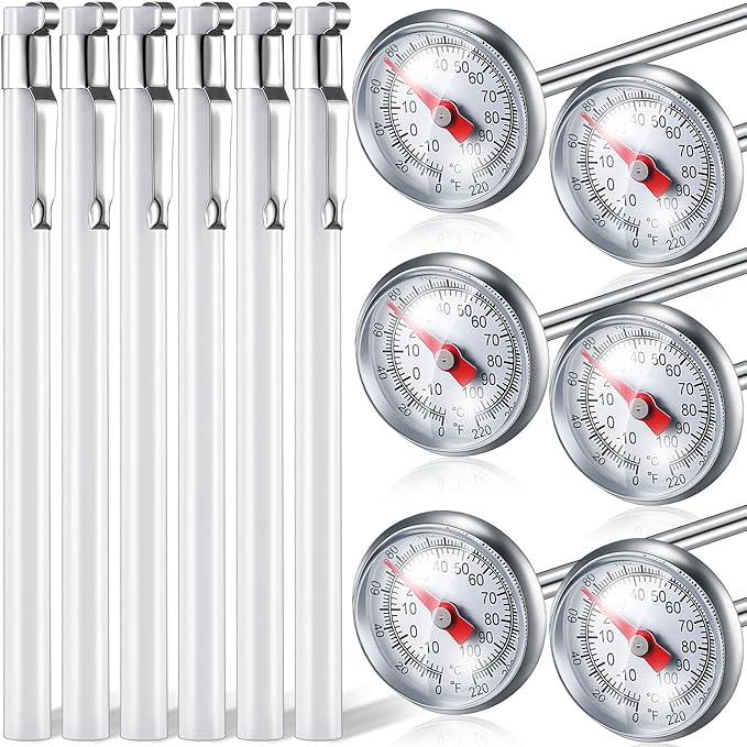Xuhal 6 Pcs Stainless Steel Kitchen Thermometer with 5 Inch Long Stem 1 Inch Dial Thermometer Milk Frothing Food for Oven Probe Meat Grill BBQ Cooking Chocolate Water(White)
