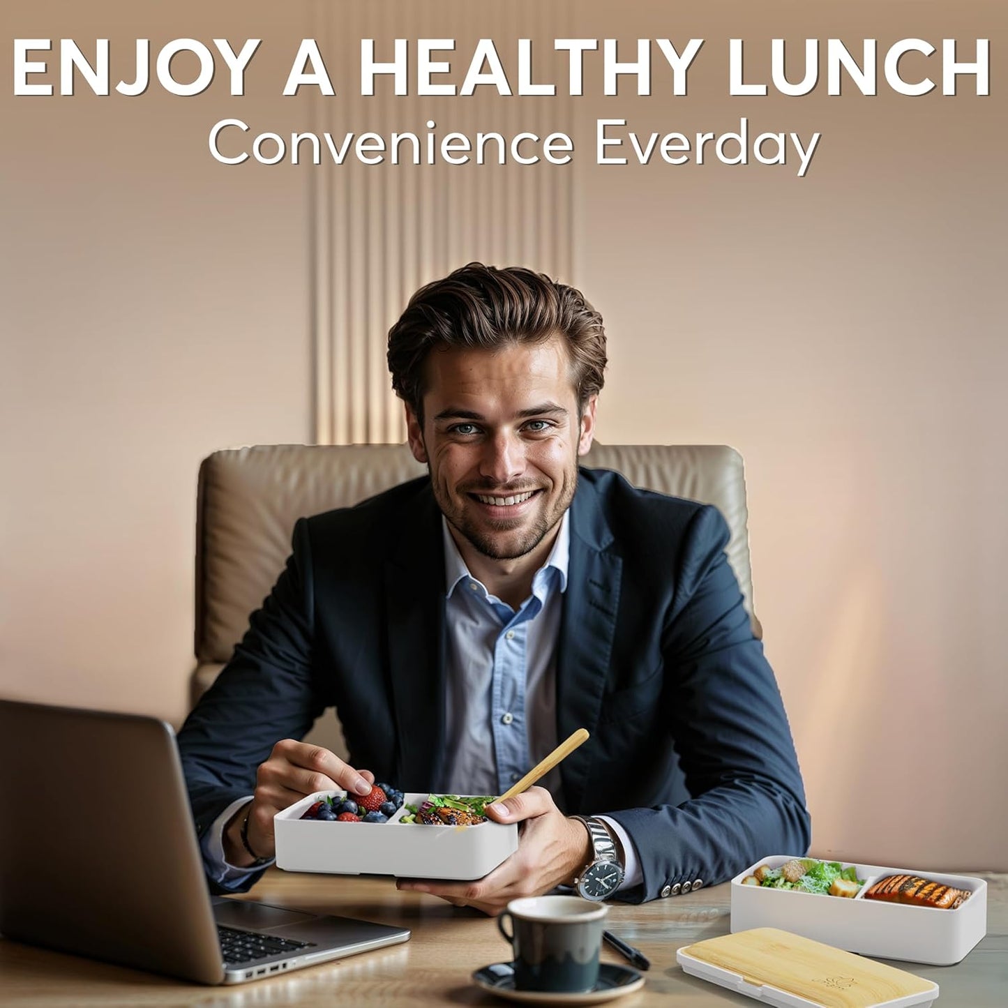 Umami Bento Box Adult All-In-1 w/4 Utensils, 2Sauce Jars, 2 Dividers, 100% Leakproof, Microwave & Dishwasher Safe, Stackable Bento Lunch Box Containers for Men/Women, White & Tan