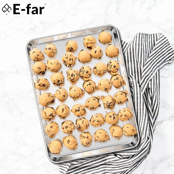 E-far Large Baking Sheet, 20”x14” Stainless Steel Cookie Sheet Pan for Oven, Non Toxic Metal Baking Tray for Cake Cookies, Healthy & Rust Free, Mirror Finish & Dishwasher Safe, 1 Pack