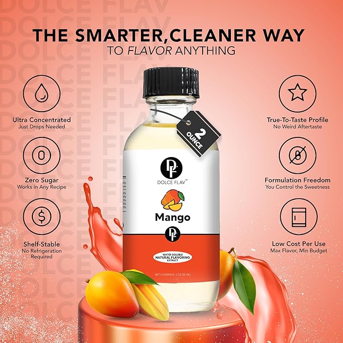 Dolce Foglia Mango Extract - 2 Ounce Water-Soluble Multipurpose Flavoring Ideal for Baked Goods, Beverages, Coffee, Desserts & Ice Cream - Mango Essence Perfect for Weight Management