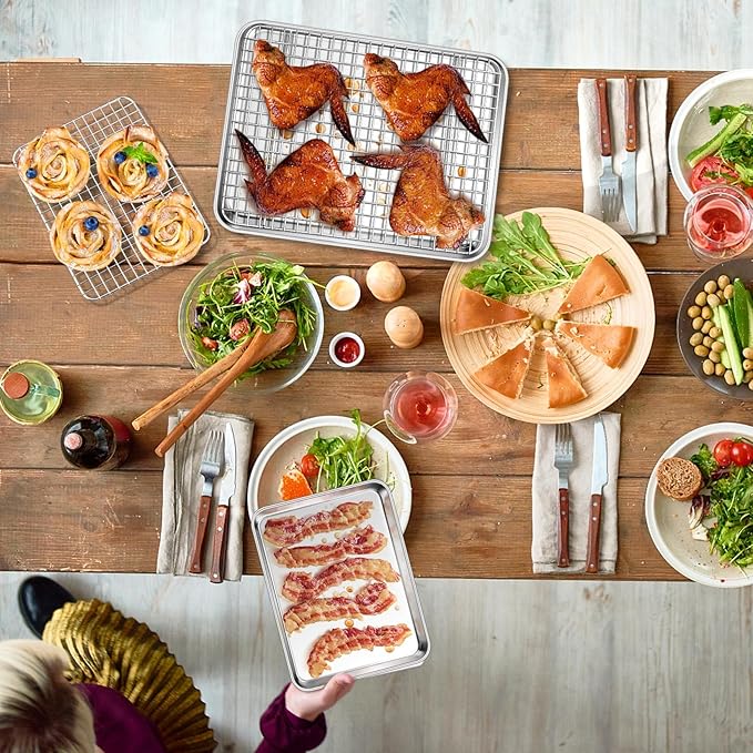 P&P CHEF 12.5 + 9 Inch Baking Sheet and Rack Set, Stainless Steel Cookie Sheets Oven Baking Pans Trays with Cooling Racks for Cooking & Roasting, Oven & Dishwasher Safe, (4Pcs)