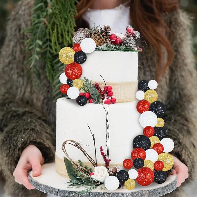 BEISHIDA 40 Pcs Foam Ball Cake Toppers with Sticks Mini Cake Decorations for Birthdays, Weddings, Baby Showers, DIY Baking Supplies, Anniversary Party (Red, Black, White，Gold)