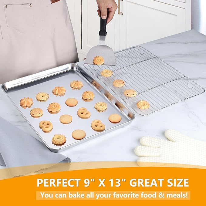 Homikit Baking Sheet with Rack, 9x13 Stainless Steel Quarter Sheet Pan with Wire Cooling Rack Set for Toaster Oven Roasting, Metal Bacon Cookie Trays Nonstick & Rust Free, Dishwasher Safe