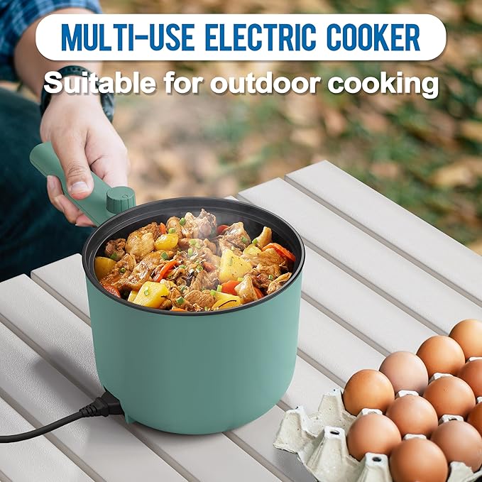 Topwit Hot Pot Electric, 1.5L Ramen Cooker, Portable Non-Stick Frying Pan, Electric Pot for Pasta, Steak, BPA Free, Electric Cooker with Dual Power Control, Over-Heating & Boil Dry Protection, Green