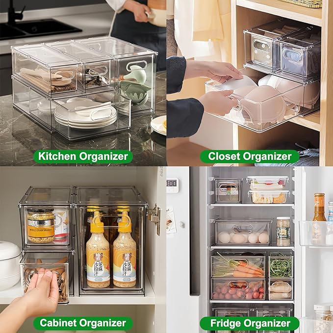 Taiuloo 2 Pack Stackable Refrigerator Organizer Bins with Pull-Out Drawer, Clear BPA-Free Food Storage Containers for Fridge Freezer, Kitchen Pantry Cabinet & Bathroom Vanity Organization