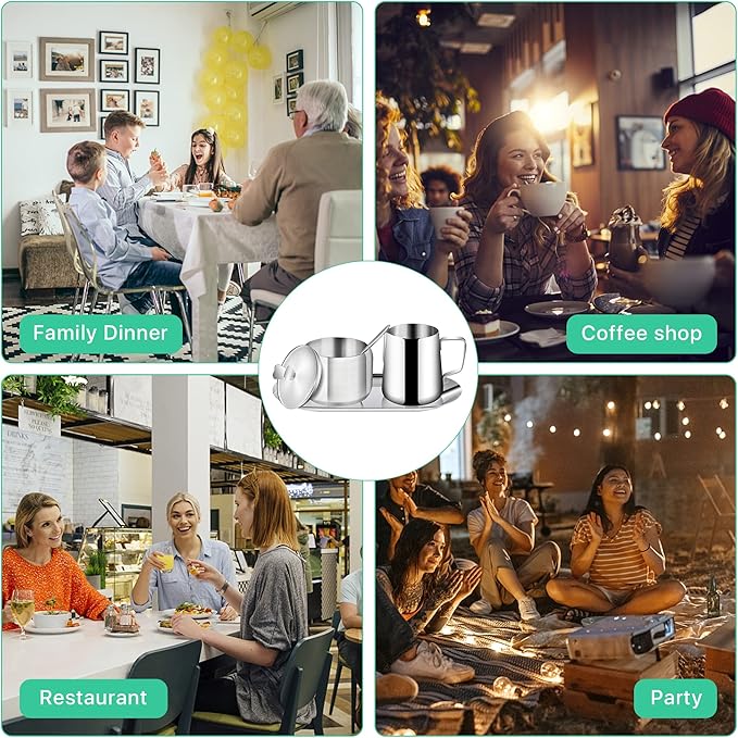 Stainless Steel Sugar and Creamer Set, Coffee Sets for Serving, Latte Milk Cup Cream Jug and Sugar Bowl with Lid Spoon Tray for Coffee Bar