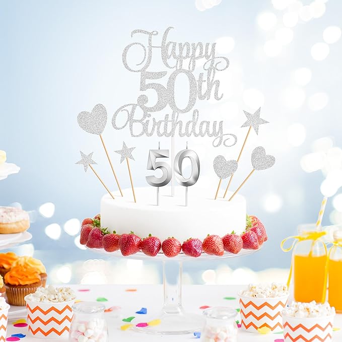 50th Birthday Cake Decorations, 50th Birthday Candles Cake Numeral Candles and Glitter Happy 50th Birthday Cake Toppers Set for Birthday Party Supplies (Silver)