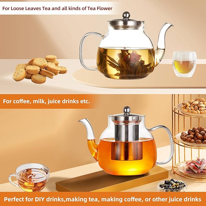 Glass Teapot with Removable Infuser - 37oz/1100ml Borosilicate Glass, Stovetop & Microwave Safe for Blooming & Loose Leaf Tea, Handmade Tea Maker Gift