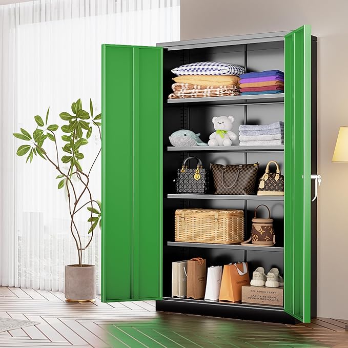 INTERGREAT Metal Storage Cabinet, 72" Locking Storage Cabinets with Doors and 4 Shelves, Tall Tool Storage for Garage, Steel Lockable Cabinet Metal Locker for Home Office, Black Green