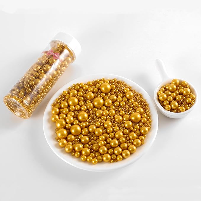 Kasvan Gold Pearl Sugar Sprinkles - Edible Candy Pearls 130g/4.58 Oz, Mix Size, Baking Cake Decorations, Ice Cream Toppings and Cookie Decorating, Wedding Party Chirstmas Supplies