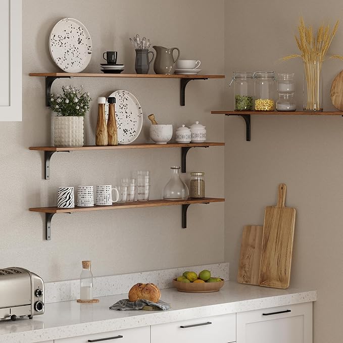 DINZI LVJ Long Wall Shelves, 47.3Inch Wall Mounted Shelves Set of 4, Extra Large Wall Storage Ledges with Sturdy Metal Brackets for Living Room, Bathroom, Bedroom, Kitchen, Rustic Brown