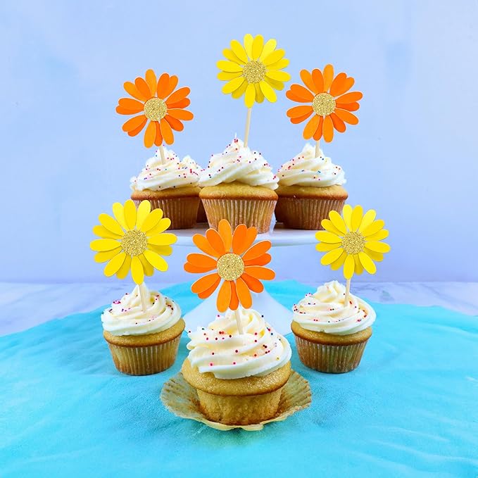 Ephlyn 24Pcs Orange Daisy Cupcake Toppers Flower Cake Toppers Daisy Cake Decorations Chrysanthemum Cupcake Toppers Spring Daisy Flower Cake Picks for Birthday Wedding Supplies