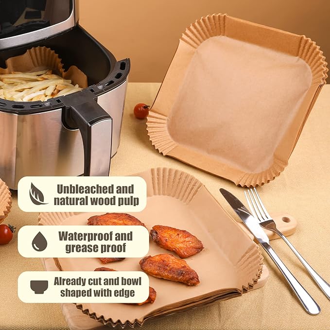 Disposable Paper Liner Square 250 Pcs for 5 to 8 Qt Air Fryer Baskets, Non-stick Oil-proof Parchment Liner Cooking Paper