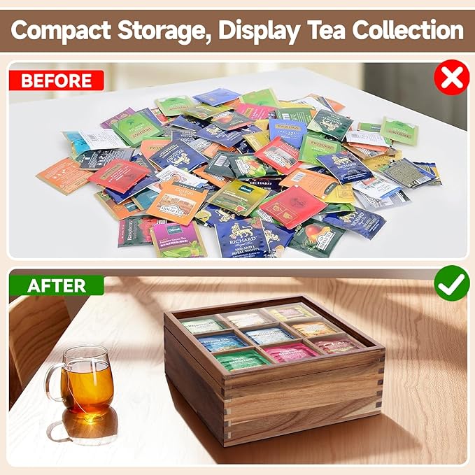 ANMINY Acacia Wood Tea Bag Organizer with Acrylic Clear Top, 10MM Thick Wooden Tea Storage Box with 9 Compartments, Teabag Holder Tea Caddy Chest for Countertop Kitchen Home Office