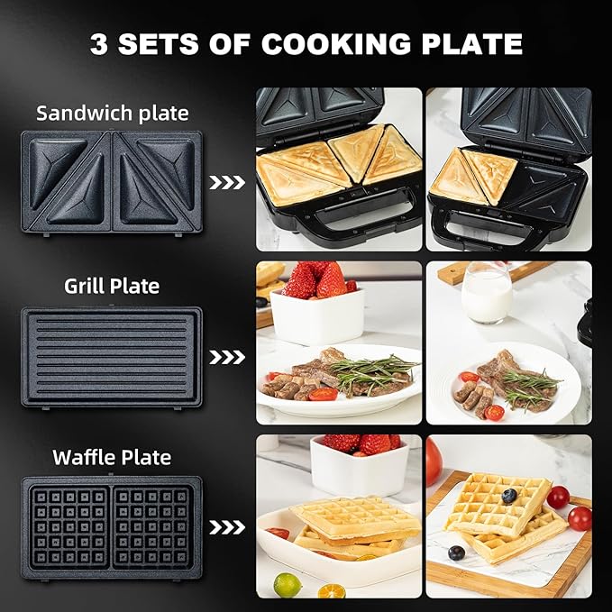 Samoris 3 in 1 Sandwich Maker Indoor Waffle Maker Irons with 6 Slice Non-Stick Removable Plates for Easy Cleanup,Perfect for Cooking Grilled Cheese,Tuna Melts,Burgers and Steaks,870W Black/Silver