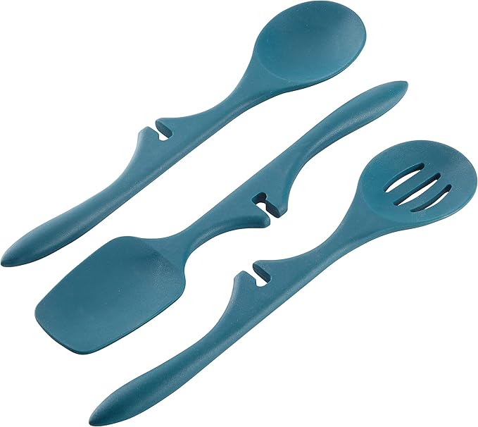 Rachael Ray Cucina Hard Anodized Nonstick Cookware Pots and Pans Set, 12 Piece, Gray & Kitchen Tools and Gadgets Nonstick Utensils/Lazy Spoonula, Solid and Slotted Spoon, 3 Piece, Marine Blue