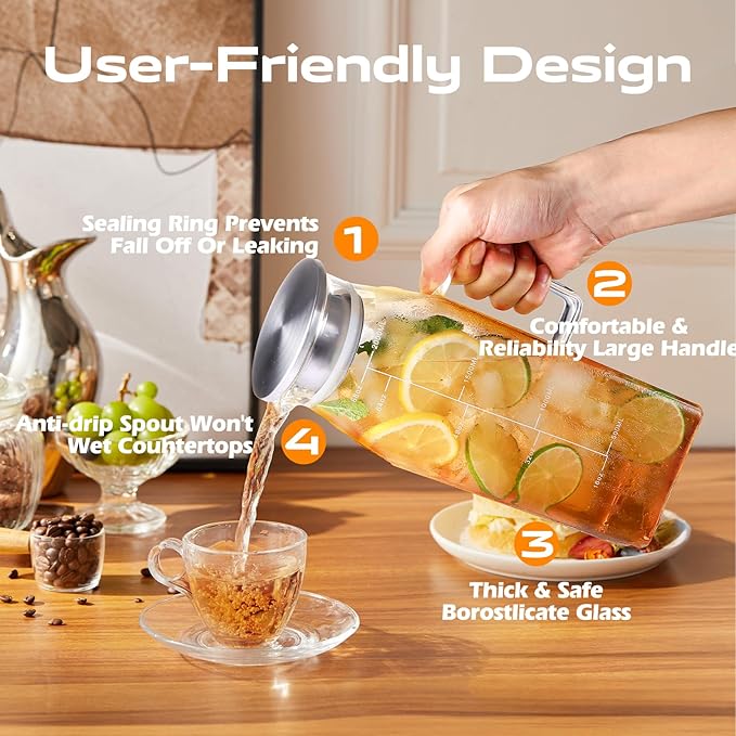 Aofmee 68oz Glass Pitcher for Bridge Door, 2 Liter Square Water Pitcher with Lid and Scale Line, Heat Resistant Tea Pitchers, Leak Proof Juice Jug, Borosilicate Glass Carafe for Hot/Cold Beverage