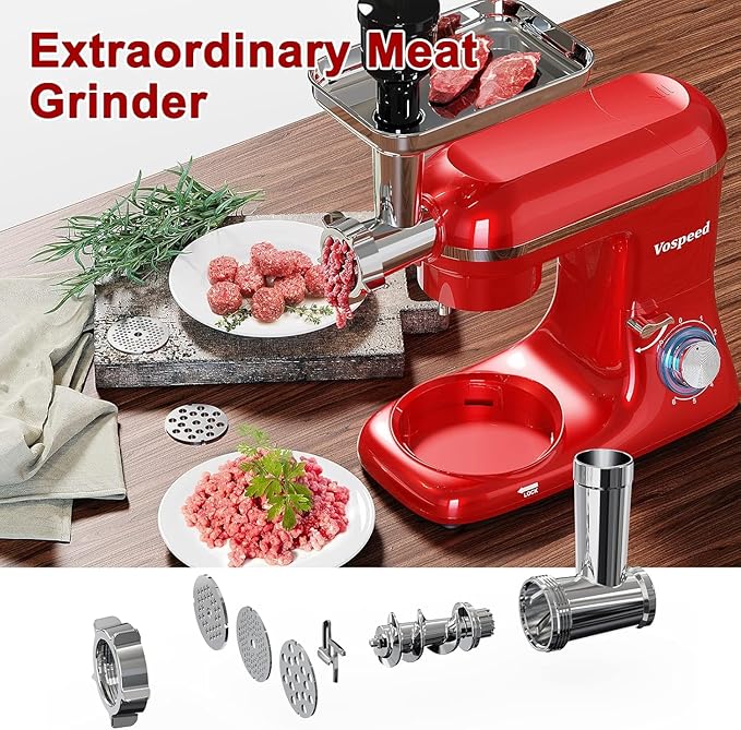 Vospeed 9 IN 1 Stand Mixer, 850W Tilt-Head Multifunctional Electric Mixer with 8 QT Stainless Steel Bowl, 1.5L Glass Jar, Meat Grinder, Hook, Whisk, Beater Dishwasher Safe (Red)