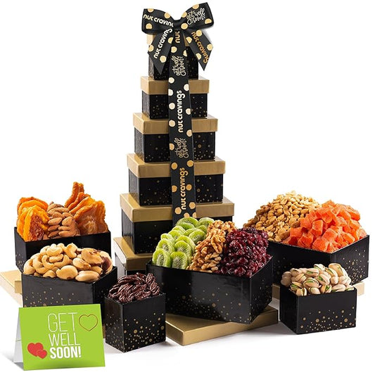 NUT CRAVINGS Gourmet Collection - Get Well Soon, Nuts & Dried Fruits Tower Gift Basket with Get Well Soon Ribbon (12 Assortments) Food Arrangement, Healthy Snack Care Package, Food Assortments