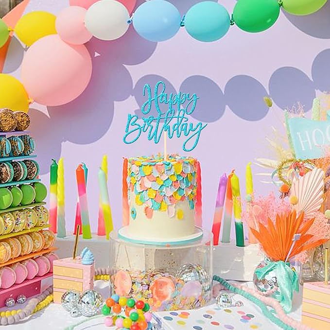 ZHUOWEISM 1 PCS Happy Birthday Cake Topper Glitter Happy Birthday Cake Pick for Celebrating Happy Birthday Anniversary Theme Party Cake Decorations Supplies Light Blue