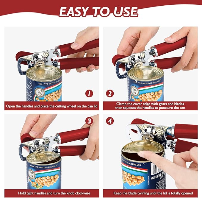 10 Colors, Manual Handheld Heavy Duty Hand can Opener Smooth Edge Stainless Steel, Top Lid Kitchen Gadgets, Best Large Rated Easy Turn Knob, with Bottle Opener, Red