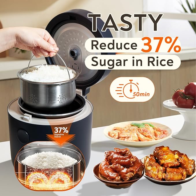 Low Carb Sugar Rice Cooker 2 Cups Uncooked and 4 Cups of Regular Cooking Small Carb Reducing Maker Rice and Grain Multi-Cooker with Stainless Steel and Nonstick Inner Pot