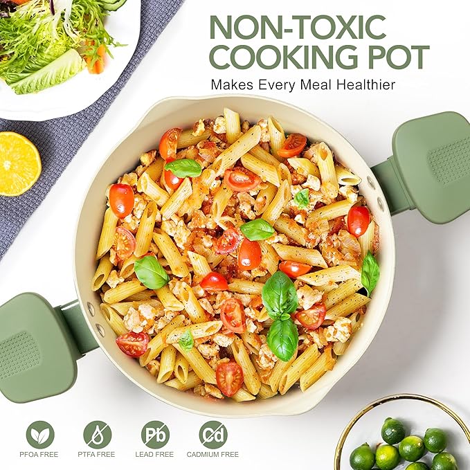 MICHELANGELO Pasta Pot with Strainer Lid - 6 Quart Cooking Pot with Lid, Non Stick Spaghetti Pot Ceramic Coated with Twist and Lock Handles for Easy Draining, Induction Compatible, Roden Green