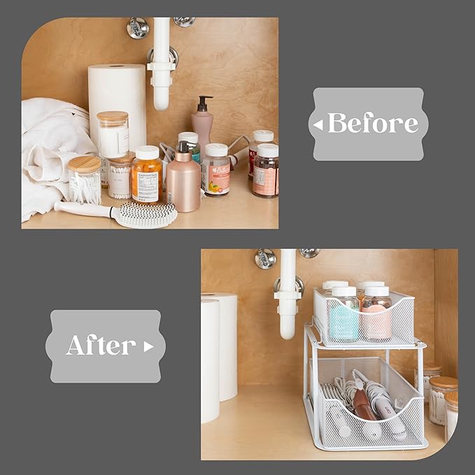 Sorbus 2 Tier Under Sink Bathroom Organizers and Storage, Strong Steel Mesh Sliding Drawers for Enhanced Bathroom Storage Ideal Bathroom Organization and Storage & Under Kitchen Sink Organizer (White)