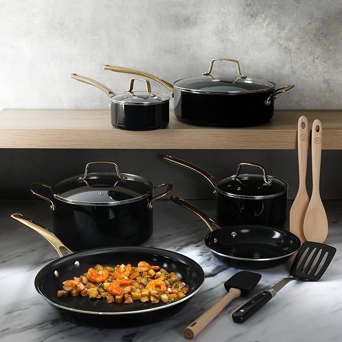 Martha Stewart Lockton 14 Piece Premium Non-Stick Heavy-Gauge Aluminum Cookware Combo Set (Pots, Pans, and Tools) - Black w/Gold Handles